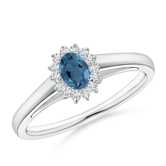 ANGARA Natural Princess Diana Inspired London Blue Topaz Ring with Halo in 14K White Gold for Women (Size-5x3mm) | November Birthstone Jewelry for Women | London Blue Topaz Ring (Ring Size - 4.5)