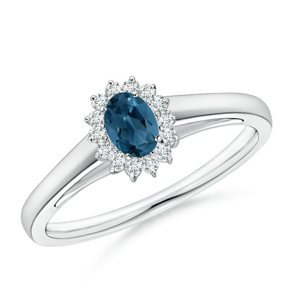 ANGARA Natural Princess Diana Inspired London Blue Topaz Ring with Halo in 14K White Gold for Women (Size-5x3mm) | November Birthstone Jewelry for Women | London Blue Topaz Ring (Ring Size - 6)