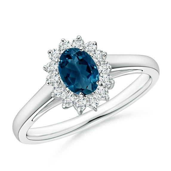 ANGARA Natural Princess Diana Inspired London Blue Topaz Ring with Halo in 14K White Gold for Women (Size-6x4mm) | November Birthstone Jewelry for Women | London Blue Topaz Ring (Ring Size - 6.5)