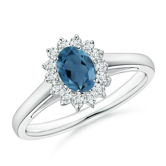 ANGARA Natural Princess Diana Inspired London Blue Topaz Ring with Halo in 14K White Gold for Women (Size-6x4mm) | November Birthstone Jewelry for Women | London Blue Topaz Ring (Ring Size - 9)