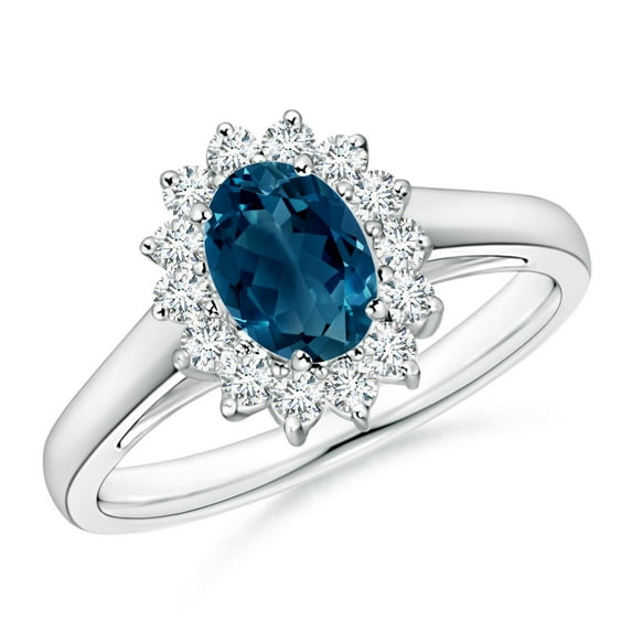 ANGARA Natural Princess Diana Inspired London Blue Topaz Ring with Halo in 14K White Gold for Women (Size-7x5mm) | November Birthstone Jewelry for Women | London Blue Topaz Ring (Ring Size - 4.5)