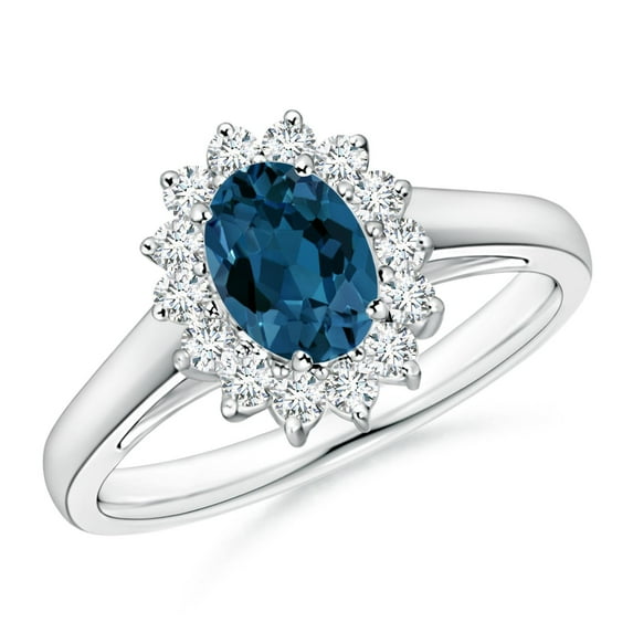 ANGARA Natural Princess Diana Inspired London Blue Topaz Ring with Halo in 14K White Gold for Women (Size-7x5mm) | November Birthstone Jewelry for Women | London Blue Topaz Ring (Ring Size - 9.5)