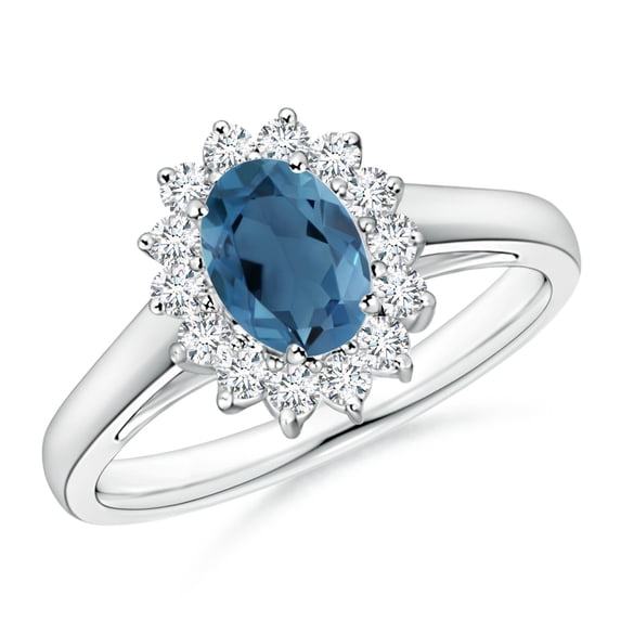 ANGARA Natural Princess Diana Inspired London Blue Topaz Ring with Halo in 14K White Gold for Women (Size-7x5mm) | November Birthstone Jewelry for Women | London Blue Topaz Ring (Ring Size - 4)