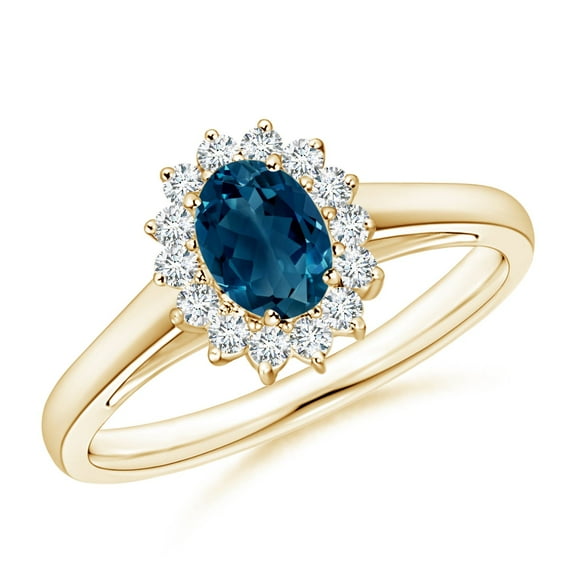 ANGARA Natural Princess Diana Inspired London Blue Topaz Ring with Halo in 14K Yellow Gold for Women (Size-6x4mm) | November Birthstone Jewelry for Women | London Blue Topaz Ring (Ring Size - 7.5)