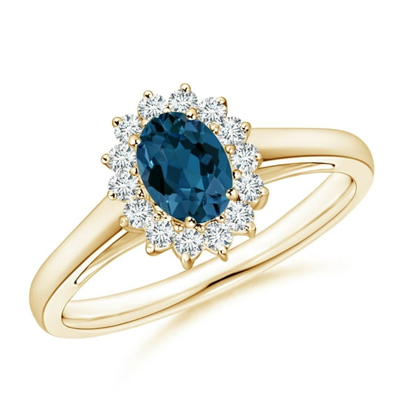 ANGARA Natural Princess Diana Inspired London Blue Topaz Ring with Halo in 14K Yellow Gold for Women (Size-6x4mm) | November Birthstone Jewelry for Women | London Blue Topaz Ring (Ring Size - 8.5)