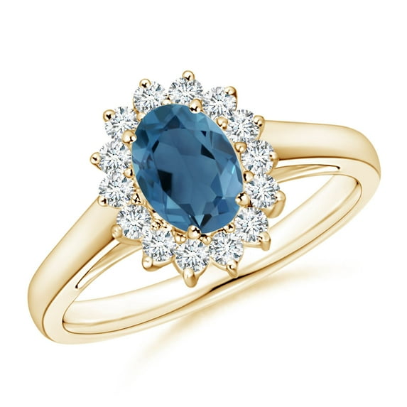 ANGARA Natural Princess Diana Inspired London Blue Topaz Ring with Halo in 14K Yellow Gold for Women (Size-7x5mm) | November Birthstone Jewelry for Women | London Blue Topaz Ring (Ring Size - 10.5)