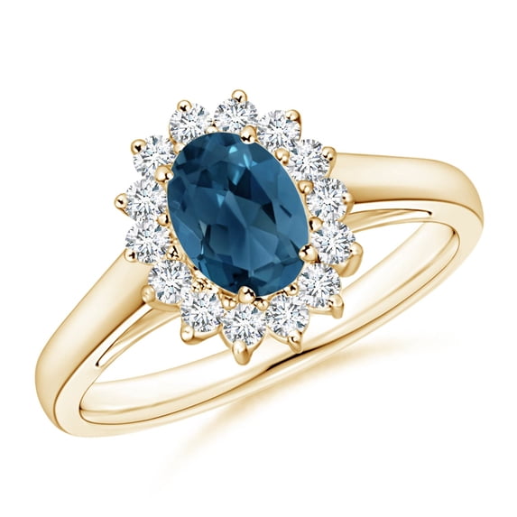 ANGARA Natural Princess Diana Inspired London Blue Topaz Ring with Halo in 14K Yellow Gold for Women (Size-7x5mm) | November Birthstone Jewelry for Women | London Blue Topaz Ring (Ring Size - 4.5)