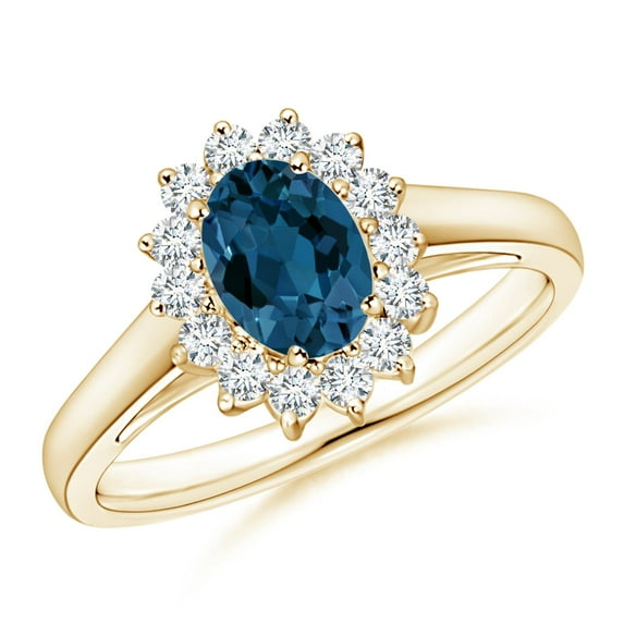 ANGARA Natural Princess Diana Inspired London Blue Topaz Ring with Halo in 14K Yellow Gold for Women (Size-7x5mm) | November Birthstone Jewelry for Women | London Blue Topaz Ring (Ring Size - 5)