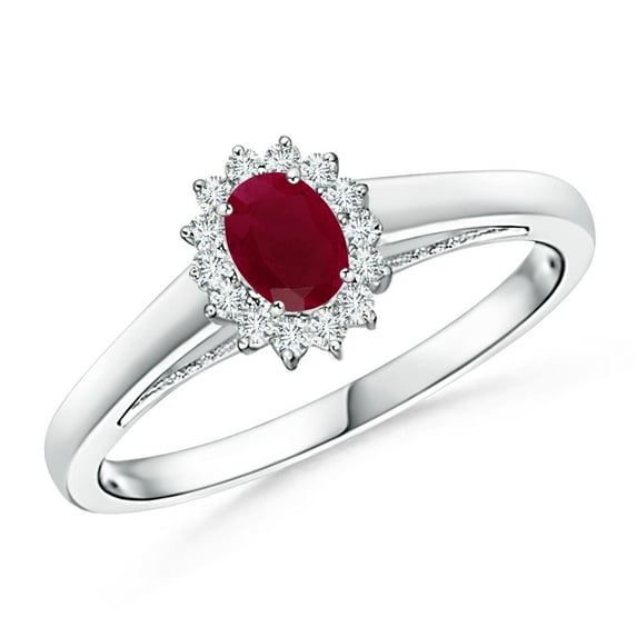ANGARA Natural Princess Diana Inspired Ruby Ring with Diamond Halo in 14K White Gold for Women (Size-5x3mm) | July Birthstone, Birthday, Anniversary, Jewelry Gift for Women | Natural Ruby Ring