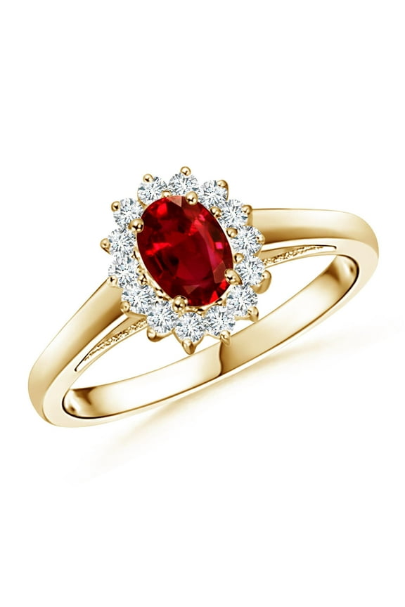 Natural Princess Diana Inspired Ruby Ring with Diamond Halo in 14K Yellow Gold for Women (Size-6x4mm) | July Birthstone, Birthday, Anniversary, Jewelry Gift for Women | Natural Ruby Ring