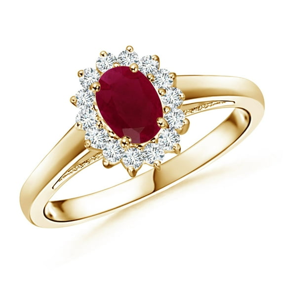 ANGARA Natural Princess Diana Inspired Ruby Ring with Diamond Halo in 14K Yellow Gold for Women (Size-6x4mm) | July Birthstone, Birthday, Anniversary, Jewelry Gift for Women | Natural Ruby Ring