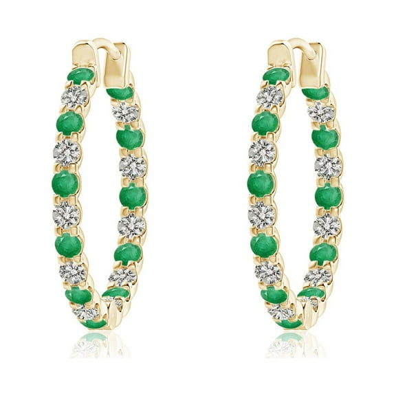 ANGARA Natural Prong-Set Emerald and Diamond Inside Out Hoop Earrings in 14K Yellow Gold for Women (Size-1.5mm) | May Birthstone, Anniversary, Jewelry Gift for Women | Natural Emerald Earrings