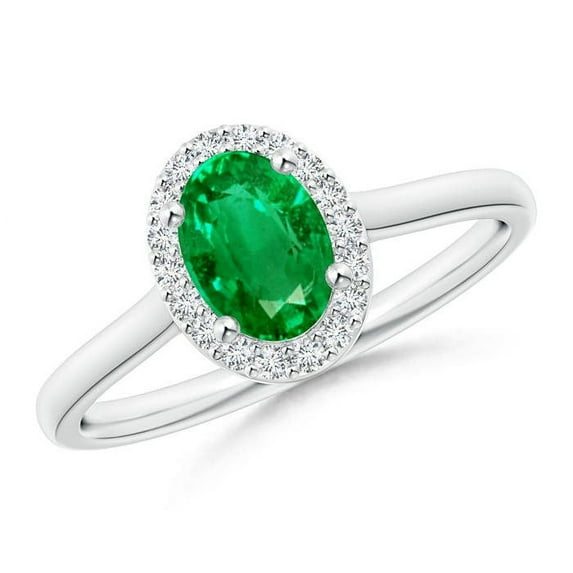ANGARA Natural Prong-Set Oval Emerald and Diamond Halo Engagement Ring in 14K White Gold for Women (Size-7x5mm) | May Birthstone, Birthday, Anniversary, Jewelry Gift for Women | Natural Emerald Ring
