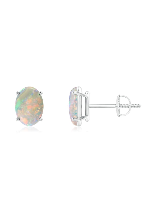 Natural Prong-Set Oval Solitaire Cabochon Opal Stud Earrings in Platinum for Women (Size-7x5mm) | October Birthstone, Birthday, Anniversary, Jewelry Gift for Women | Natural Opal Earrings