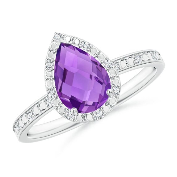 ANGARA Natural Prong-Set Pear-Shaped 1.2 ct Amethyst Ring with Beaded Halo in 14K White Gold for Women (Size-9x6mm) | February Birthstone, Anniversary, Jewelry Gift for Women | Natural Amethyst Ring
