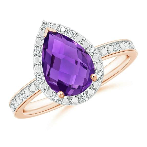 ANGARA Natural Prong-Set Pear-Shaped 1.6 ct Amethyst Ring with Beaded Halo in 14K Rose Gold for Women (Size-10x7mm) | February Birthstone, Anniversary, Jewelry Gift for Women | Natural Amethyst Ring