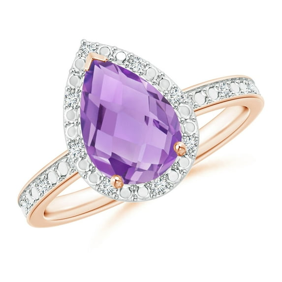 ANGARA Natural Prong-Set Pear-Shaped 1.6 ct Amethyst Ring with Beaded Halo in 14K Rose Gold for Women (Size-10x7mm) | February Birthstone, Anniversary, Jewelry Gift for Women | Natural Amethyst Ring