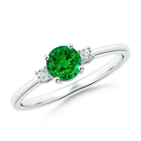 ANGARA Natural Prong-Set Round 3 Stone Emerald and Diamond Engagement Ring in 14K White Gold for Women (Size-5mm) | May Birthstone, Anniversary, Jewelry Gift for Women | Natural Emerald Ring