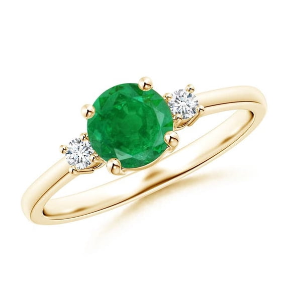 ANGARA Natural Prong-Set Round 3 Stone Emerald and Diamond Engagement Ring in 14K Yellow Gold for Women (Size-6mm) | May Birthstone, Anniversary, Jewelry Gift for Women | Natural Emerald Ring