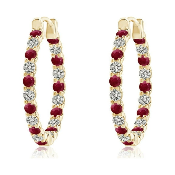 ANGARA Natural Prong-Set Ruby and Diamond Inside Out Hoop Earrings in 14K Yellow Gold for Women (Size-1.5mm) | July Birthstone, Birthday, Anniversary, Jewelry Gift for Women | Natural Ruby Earrings