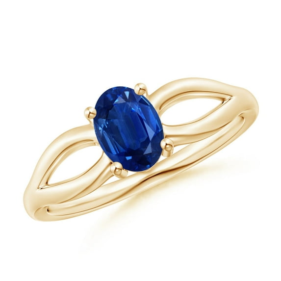 ANGARA Natural Prong-Set Solitaire Blue Sapphire Split Shank Ring in 14K Yellow Gold for Women (Size-7x5mm) | September Birthstone, Anniversary, Jewelry Gift for Women | Natural Blue Sapphire Ring