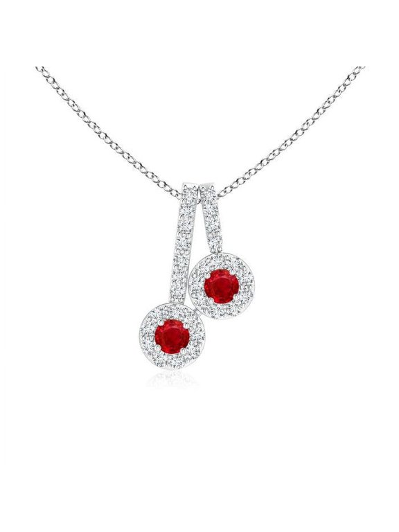 Natural Prong-Set Two Stone Ruby Halo Pendant in 14K White Gold for Women (Size-2.3mm) | July Birthstone, Birthday, Anniversary, Jewelry Gift for Women | Natural Ruby Necklace