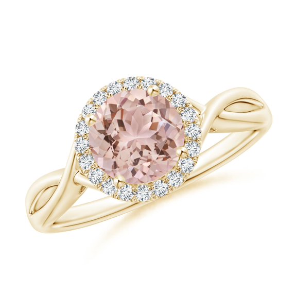 ANGARA Natural Round 1.1 ct Morganite Halo Ring with Criss Cross Shank in 14K Yellow Gold for Women | Birthday, Anniversary, Jewelry Gift for Women | Natural Morganite Ring