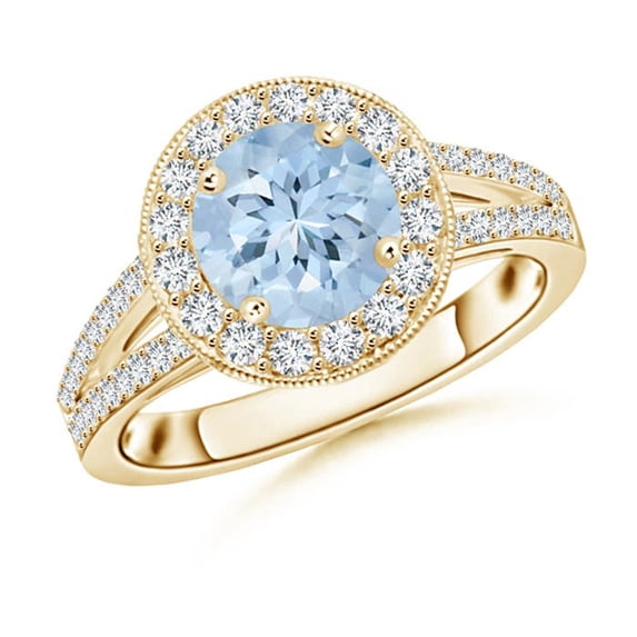 ANGARA Natural Round 1.12 ct Aquamarine Split Shank Ring with Diamond Halo in 14K Yellow Gold for Women (Size-7mm) | March Birthstone, Anniversary, Jewelry Gift for Women | Natural Aquamarine Ring