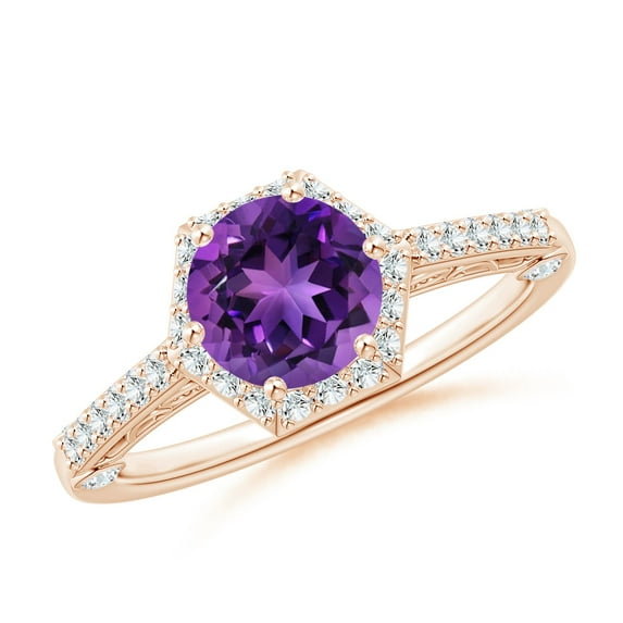 ANGARA Natural Round 1.15 ct Amethyst Hexagonal Halo Ring with Filigree in 14K Rose Gold for Women (Size-7mm) | February Birthstone, Anniversary, Jewelry Gift for Women | Natural Amethyst Ring