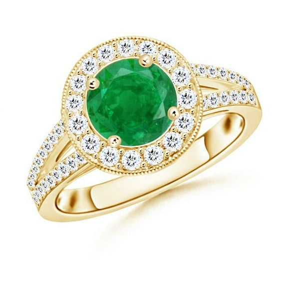 ANGARA Natural Round 1.2 ct Emerald Split Shank Ring with Diamond Halo in 14K Yellow Gold for Women (Size-7mm) | May Birthstone, Birthday, Anniversary, Jewelry Gift for Women | Natural Emerald Ring