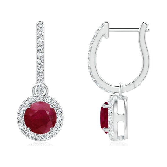ANGARA Natural Round 1.2 ct Ruby Dangle Earrings with Diamond Halo in 14K White Gold for Women (Size-5mm) | July Birthstone, Birthday, Anniversary, Jewelry Gift for Women | Natural Ruby Earrings