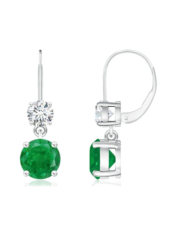 Natural Round 1.5 ct Emerald Leverback Dangle Earrings with Diamond in 14K White Gold for Women (Size-6mm) | May Birthstone, Anniversary, Jewelry Gift for Women | Natural Emerald Earrings