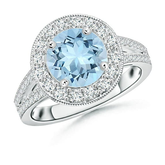 ANGARA Natural Round 1.6 ct Aquamarine Split Shank Ring with Diamond Halo in 14K White Gold for Women (Size-8mm) | March Birthstone, Anniversary, Jewelry Gift for Women | Natural Aquamarine Ring