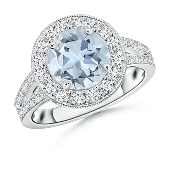 ANGARA Natural Round 1.6 ct Aquamarine Split Shank Ring with Diamond Halo in 14K White Gold for Women (Size-8mm) | March Birthstone, Anniversary, Jewelry Gift for Women | Natural Aquamarine Ring