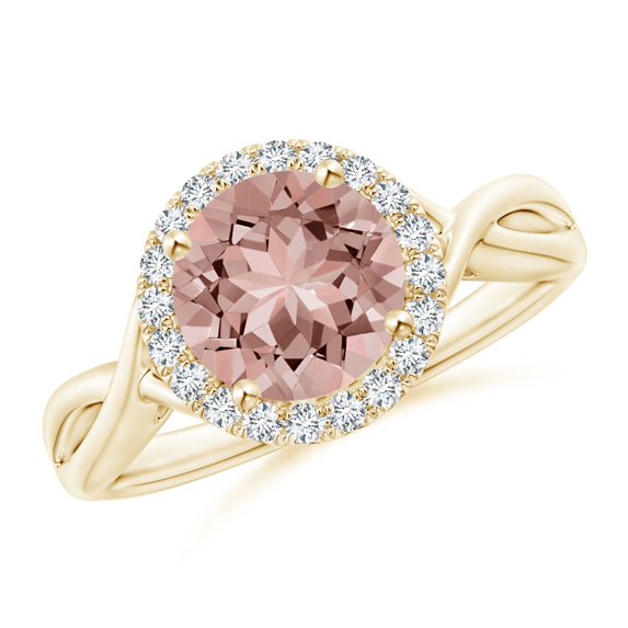 ANGARA Natural Round 1.65 ct Morganite Halo Ring with Criss Cross Shank in 14K Yellow Gold for Women | Birthday, Anniversary, Jewelry Gift for Women | Natural Morganite Ring