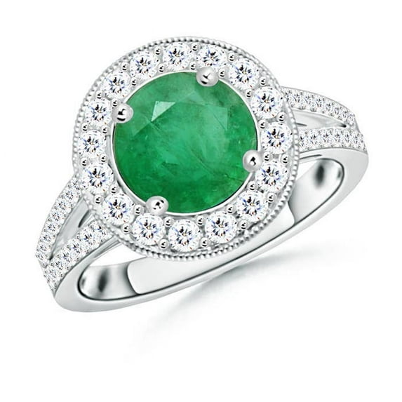 ANGARA Natural Round 1.75 ct Emerald Split Shank Ring with Diamond Halo in 14K White Gold for Women (Size-8mm) | May Birthstone, Birthday, Anniversary, Jewelry Gift for Women | Natural Emerald Ring
