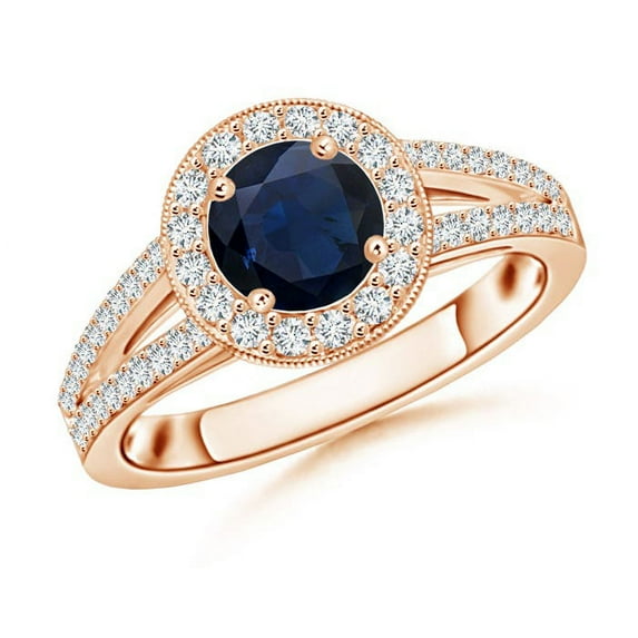 ANGARA Natural Round 1 ct Blue Sapphire Split Shank Ring with Diamond Halo in 14K Rose Gold for Women (Size-6mm) | September Birthstone, Anniversary, Jewelry Gift for Women | Natural Sapphire Ring
