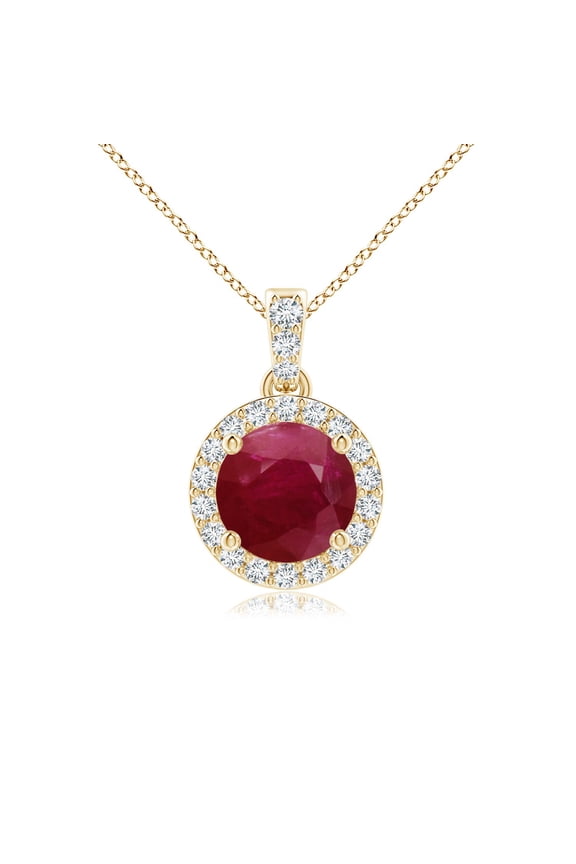 Natural 1 ct Ruby Pendant Necklace with Diamond Halo in 14K Yellow Gold for Women – July Birthstone Jewelry | Round Ruby Halo Pendant Necklace