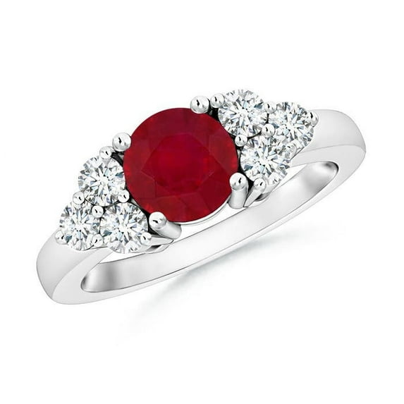 ANGARA Natural Round 1 ct Ruby Solitaire Ring With Trio Diamonds in 14K White Gold for Women (Size-6mm) | July Birthstone, Birthday, Anniversary, Jewelry Gift for Women | Natural Ruby Ring