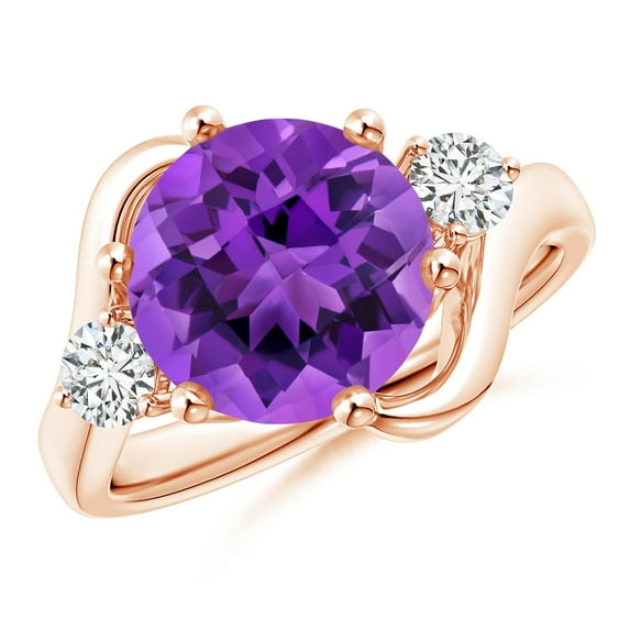 ANGARA Natural Round 3.72 ct Amethyst and Diamond Three Stone Bypass Ring in 14K Rose Gold for Women (Size-10mm) | February Birthstone, Anniversary, Jewelry Gift for Women | Natural Amethyst Ring