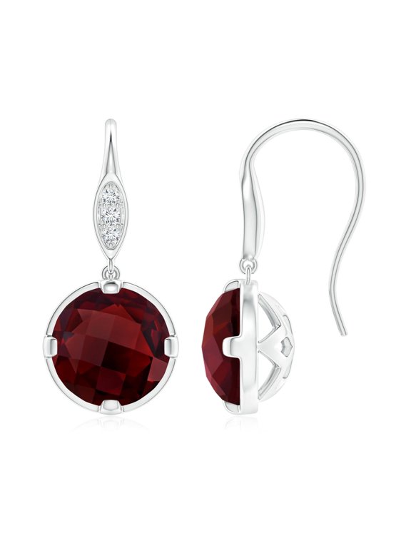 Natural Round 4.8 ct Garnet Fish Hook Earrings with Diamond Accents in 14K White Gold for Women (Size-8mm) | January Birthstone, Anniversary, Jewelry Gift for Women | Natural Garnet Earrings