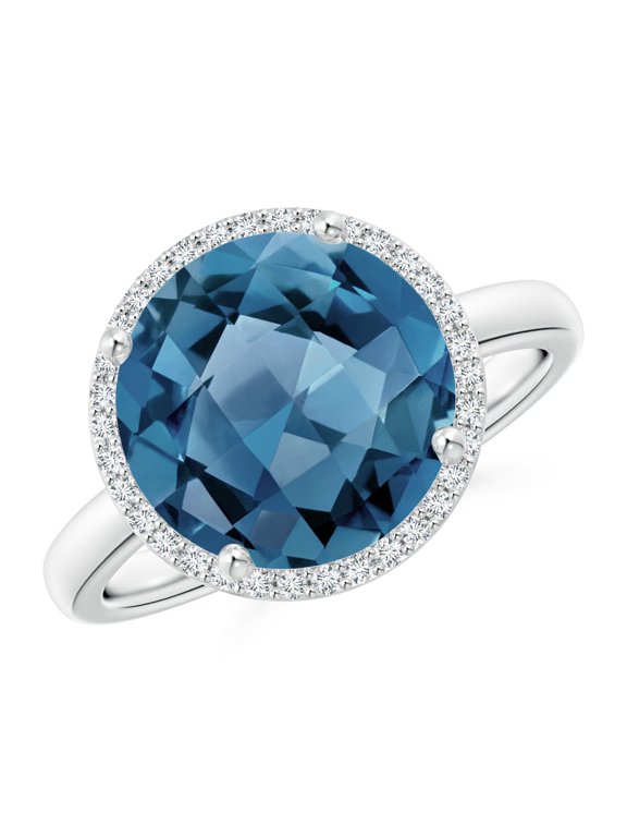 Natural Round 6.3 ct London Blue Topaz Cocktail Ring with Diamond Halo in 14K White Gold for Women (Size-11mm) | November Birthstone Jewelry for Women | London Blue Topaz Ring (Ring Size - 10)