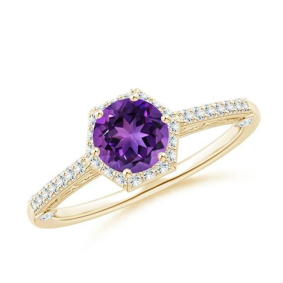ANGARA Natural Round Amethyst Hexagonal Halo Ring with Filigree in 14K Yellow Gold for Women (Size-6mm) | February Birthstone, Birthday, Anniversary, Jewelry Gift for Women | Natural Amethyst Ring
