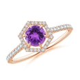 thumbnail image 1 of ANGARA Natural Round Amethyst Ring with Hexagonal Diamond Halo in 14K Rose Gold for Women (Size-5mm) | February Birthstone, Birthday, Anniversary, Jewelry Gift for Women | Natural Amethyst Ring, 1 of 9