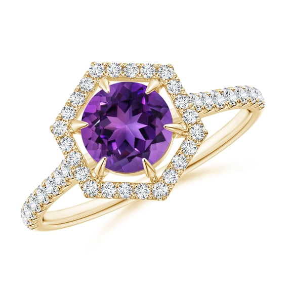 ANGARA Natural Round Amethyst Ring with Hexagonal Diamond Halo in 14K Yellow Gold for Women (Size-6mm) | February Birthstone, Birthday, Anniversary, Jewelry Gift for Women | Natural Amethyst Ring