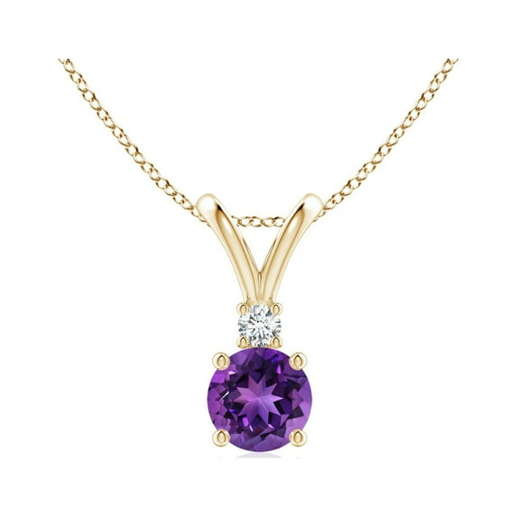 ANGARA Natural Round Amethyst Solitaire V-Bale Pendant with Diamond in 14K Yellow Gold for Women (Size-5mm) | February Birthstone, Anniversary, Jewelry Gift for Women | Natural Amethyst Necklace