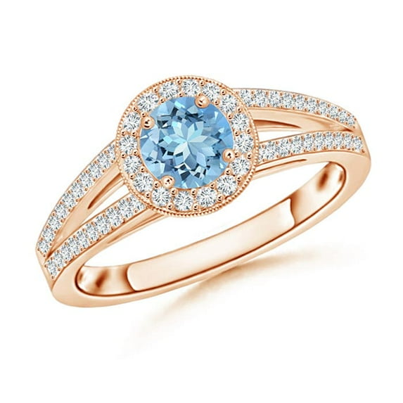 ANGARA Natural Round Aquamarine Split Shank Ring with Diamond Halo in 14K Rose Gold for Women (Size-5mm) | March Birthstone, Birthday, Anniversary, Jewelry Gift for Women | Natural Aquamarine Ring