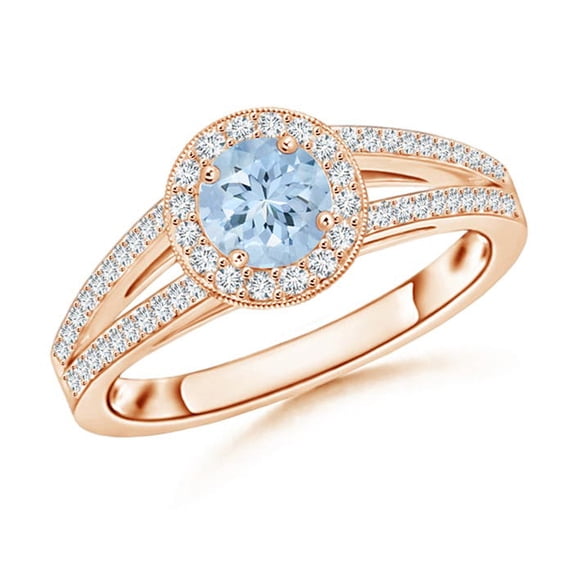 ANGARA Natural Round Aquamarine Split Shank Ring with Diamond Halo in 14K Rose Gold for Women (Size-5mm) | March Birthstone, Birthday, Anniversary, Jewelry Gift for Women | Natural Aquamarine Ring