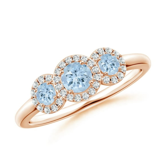 ANGARA Natural Round Aquamarine Three Stone Halo Ring with Diamonds in 14K Rose Gold for Women (Size-4mm) | March Birthstone, Birthday, Anniversary, Jewelry Gift for Women | Natural Aquamarine Ring