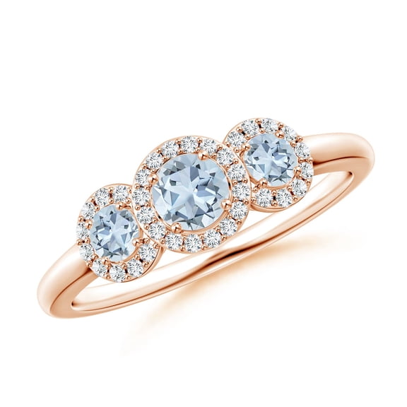 ANGARA Natural Round Aquamarine Three Stone Halo Ring with Diamonds in 14K Rose Gold for Women (Size-4mm) | March Birthstone, Birthday, Anniversary, Jewelry Gift for Women | Natural Aquamarine Ring
